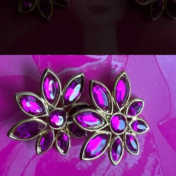 Vintage disco era hot pink stars-like zirconia clipped earrings - Picture 11 of 14